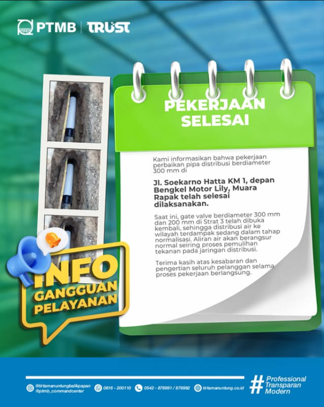 Perkerjaan Gangguan Distribusi Air di Jl. Soekarno Hatta KM 1 telah selesai