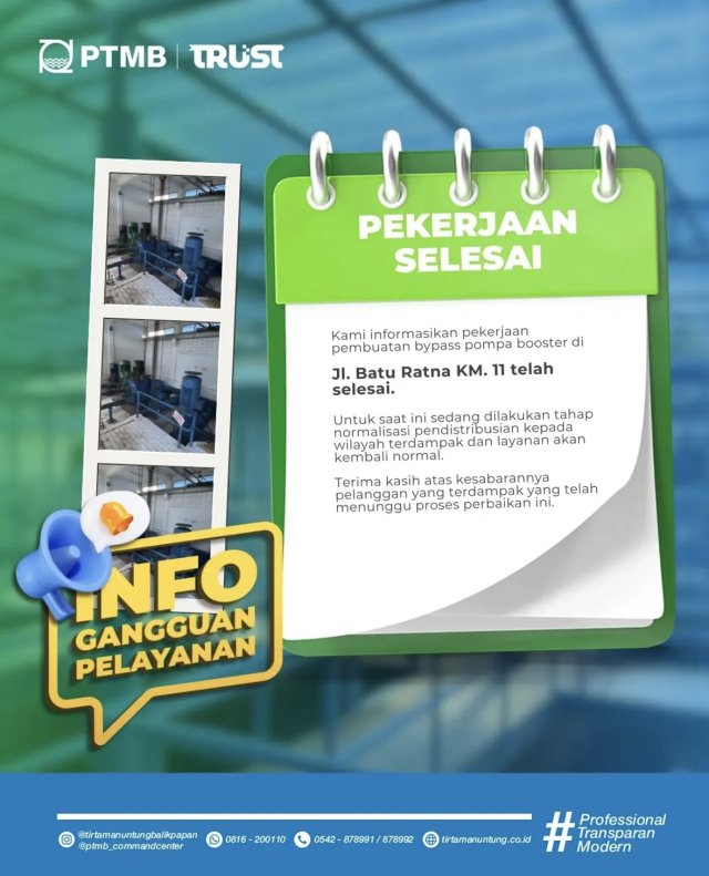 Pekerjaan Pembuatan Bypass Pompa Booster di Jl. Batu Ratna KM. 11 telah Selesai