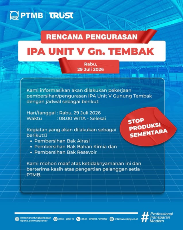 Rencana Pengurasan IPA Unit V Gn. Tembak pada Hari Rabu, 29 Juli 2026