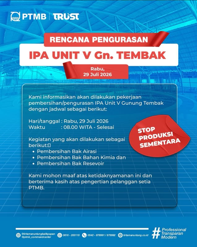 Rencana Pengurasan IPA Unit V Gn. Tembak pada Hari Rabu, 29 Juli 2026