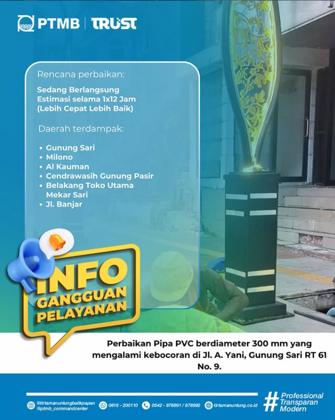 Perbaikan kebocoran pipa PVC berdiameter 300 mm di Jl. A Yani, Gunung Sari RT 61 No.9