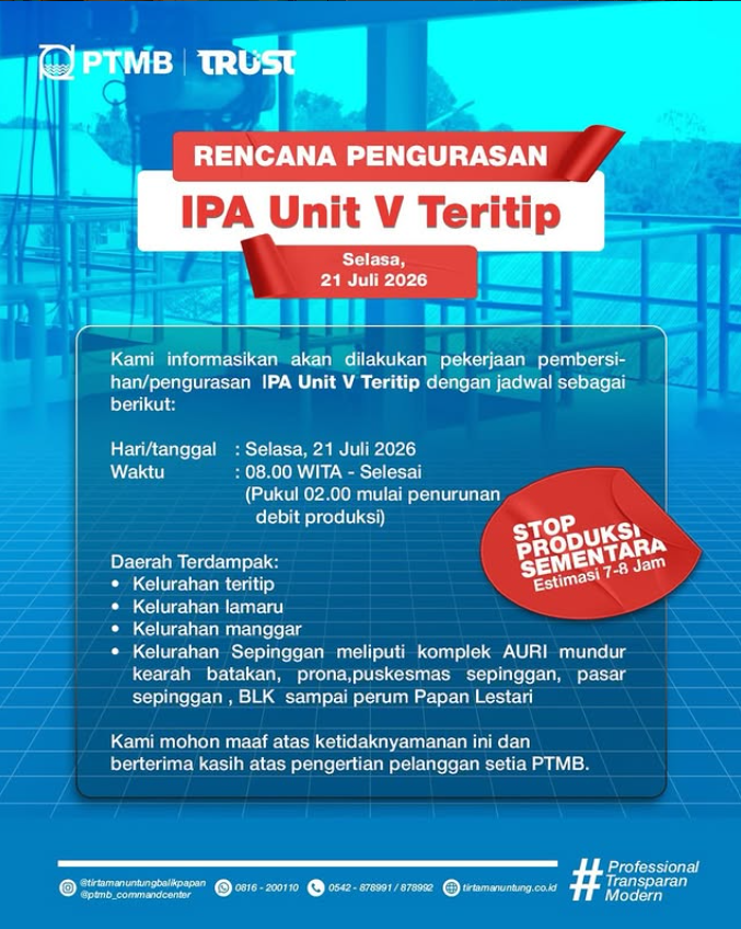Rencana Pengurasan IPA Unit V Teritip pada Hari Selasa, 21 Juli 2026