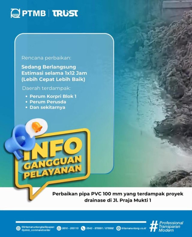 Perbaikan pipa PVC 100mm yang terdampak proyek drainase di Jl. Praja Mukti 1