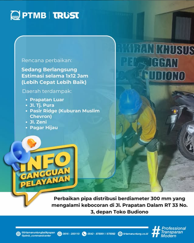 Perbaikan kebocoran pipa berdiameter 300mm di Jl. Prapatan Dalam RT 33 No. 3
