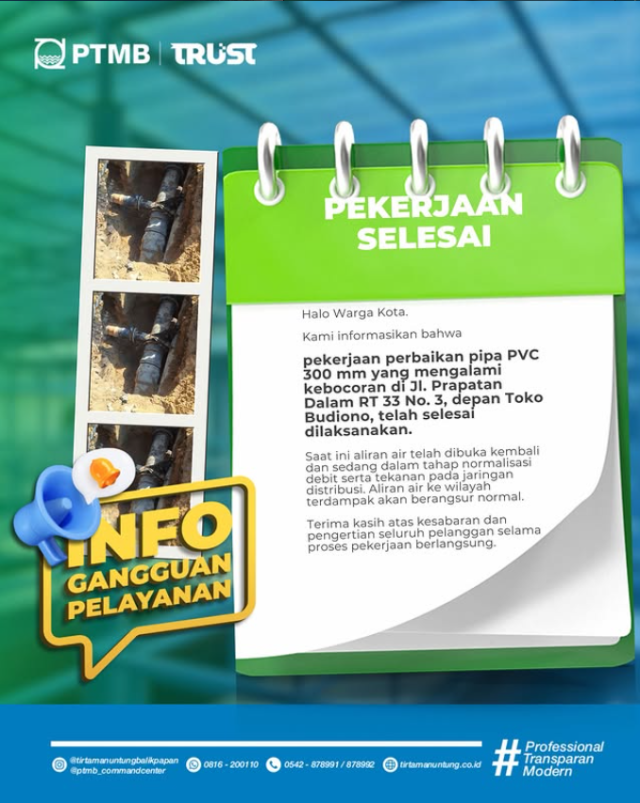 Pekerjaan perbaikan pipa bocor berdiameter 300mm di Jl. Prapatan Dalam RT 33 No.3 telah selesai