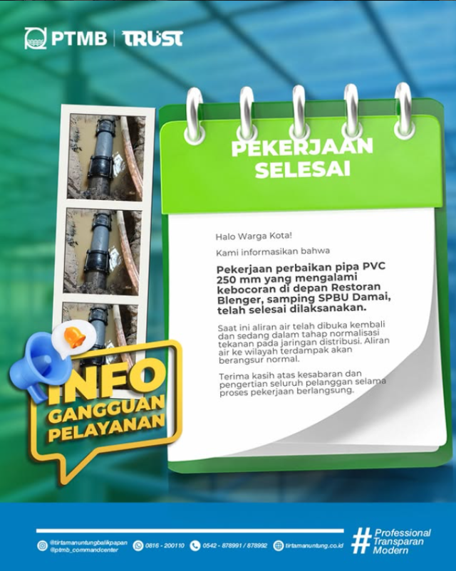 Pekerjaan perbaikan kebocoran pipa PVC 250mm di depan Restoran Blenger telah selesai dikerjakan