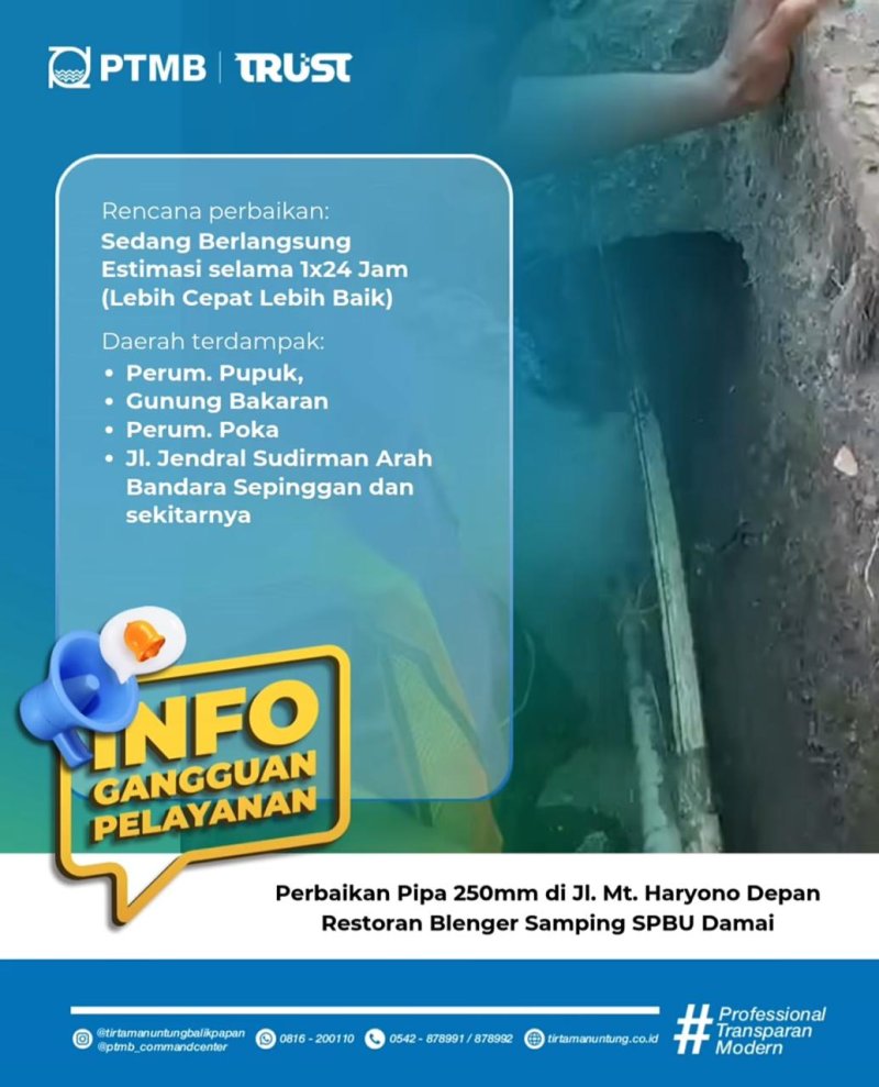Perbaikan kebocoran pipa 250mm di Jl. MT Haryono depan Restoran Blenger samping  SPBU Damai