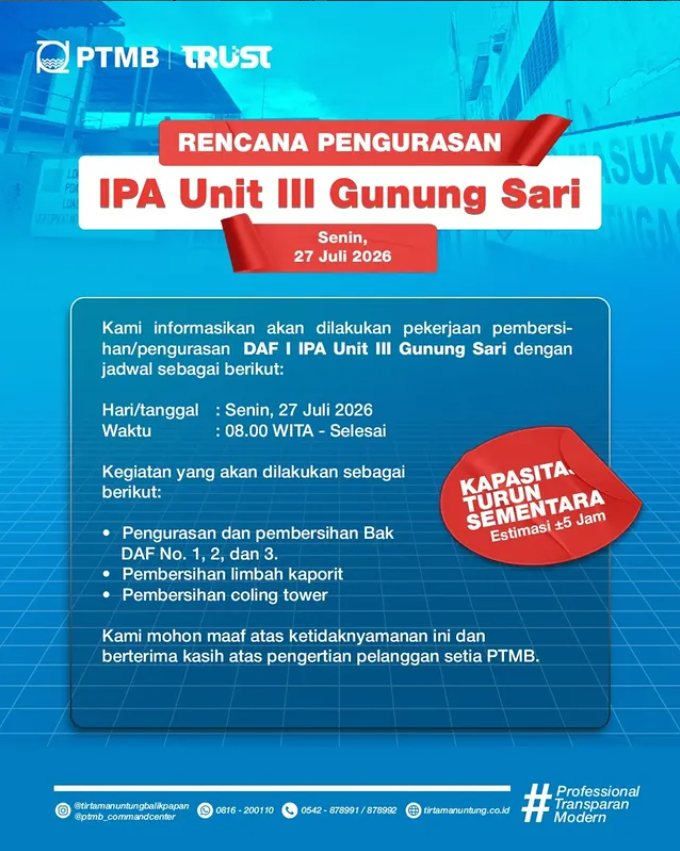 Rencana Pengurasan IPA Unit III Gunung Sari pada Hari Senin, 27 Juli 2026